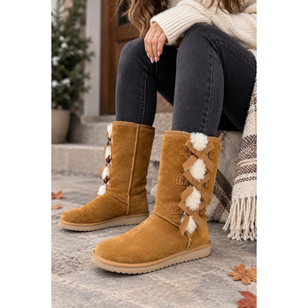 Koolaburra by UGG Victoria Tall Chestnut Suede Bow Boots 1015875 Womens 9